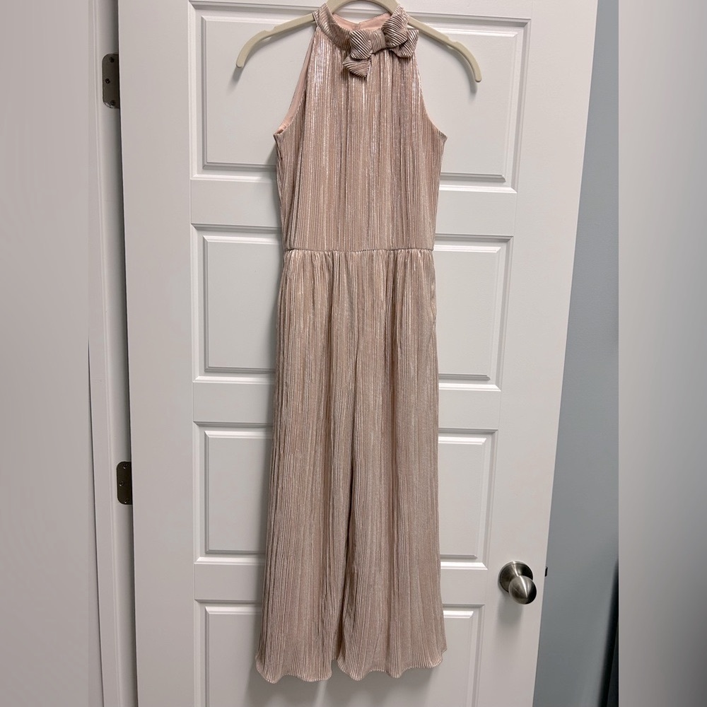 Janie and Jack Blush Metallic Pleated Halter Jumpsuit